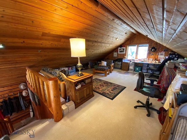 additional living space with lofted ceiling, light carpet, and wooden ceiling