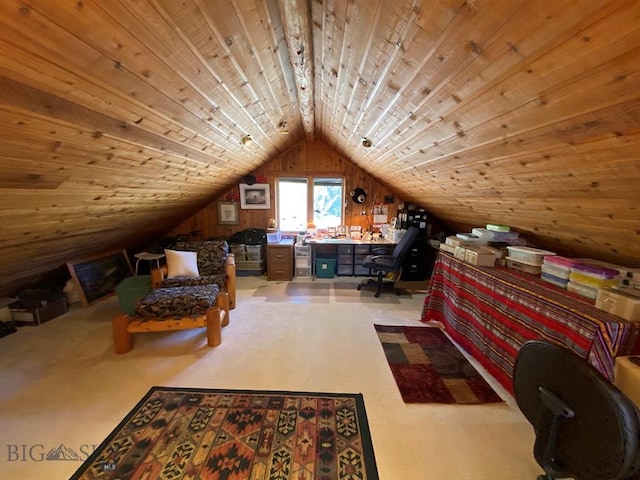 bedroom with wood ceiling, carpet, and vaulted ceiling