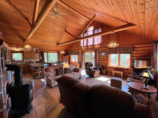 living room featuring wood ceiling, log walls, and high vaulted ceiling