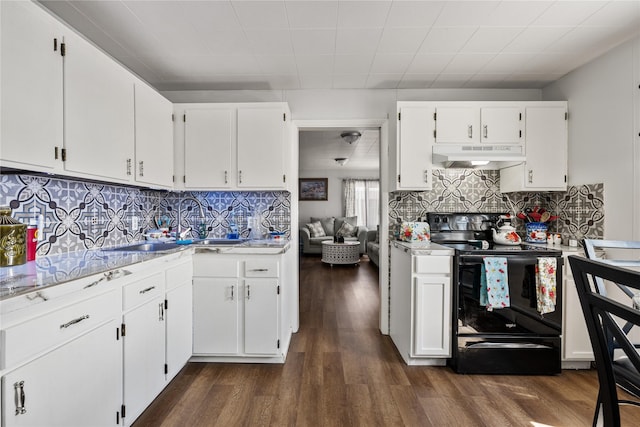 kitchen featuring white cabinetry, dark hardwood / wood-style flooring, black range with electric stovetop, and backsplash