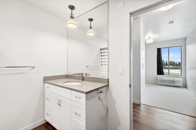 bathroom with hardwood / wood-style flooring and large vanity