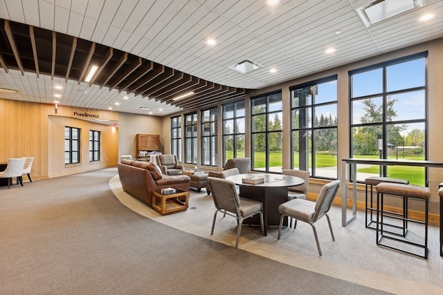 interior space featuring wooden walls and a skylight