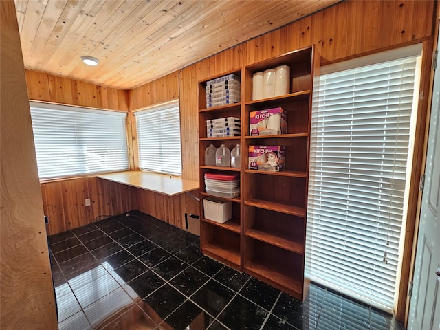 home office with wooden walls and wooden ceiling