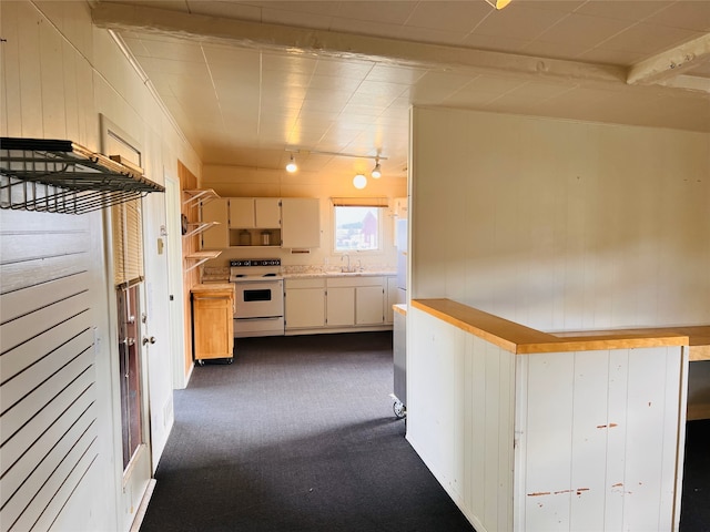 kitchen with dark colored carpet, white electric stove, and sink