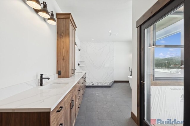 bathroom featuring independent shower and bath and vanity