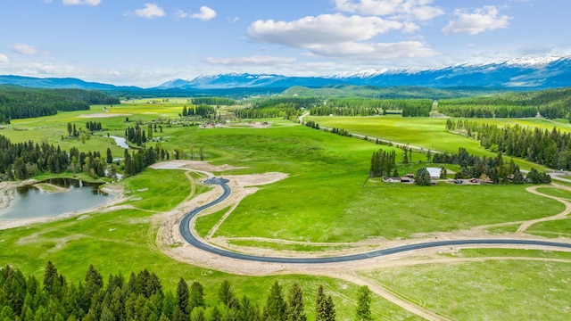 birds eye view of property with a water and mountain view