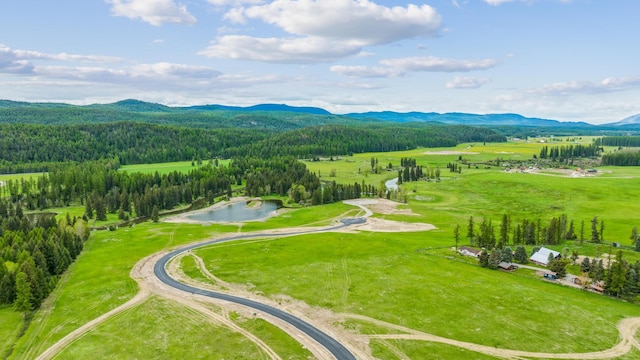 drone / aerial view featuring a water and mountain view