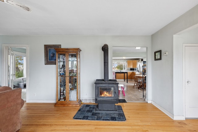 living room featuring light hardwood / wood-style floors and a wood stove