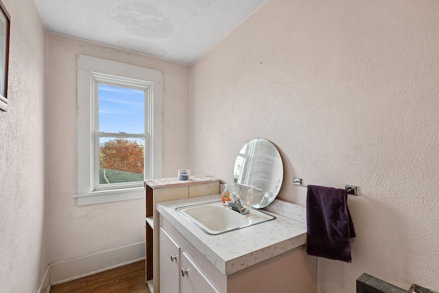 bathroom featuring wood-type flooring and vanity with extensive cabinet space