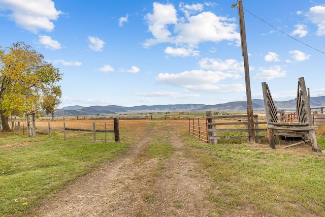 view of yard with a rural view and a mountain view