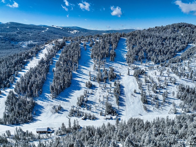 snowy aerial view featuring a mountain view