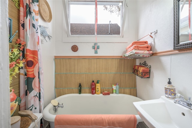 bathroom featuring a soaking tub and a sink