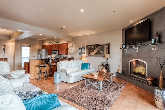 living room with a fireplace and light hardwood / wood-style floors