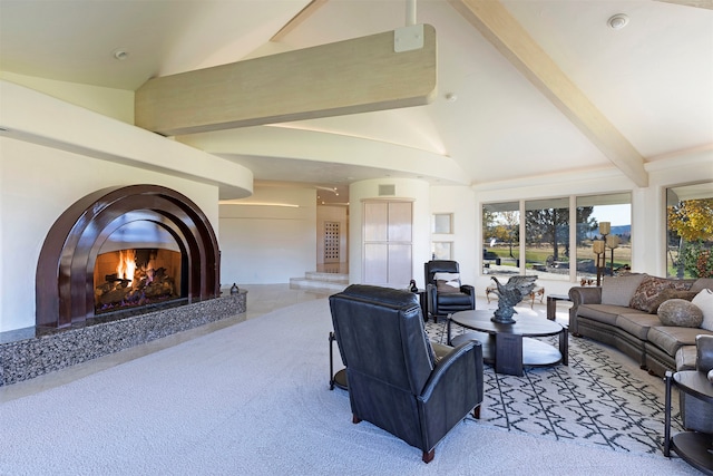 living room featuring beamed ceiling, light colored carpet, and high vaulted ceiling