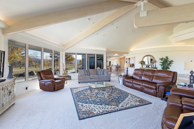 living room with beam ceiling, high vaulted ceiling, carpet, and plenty of natural light