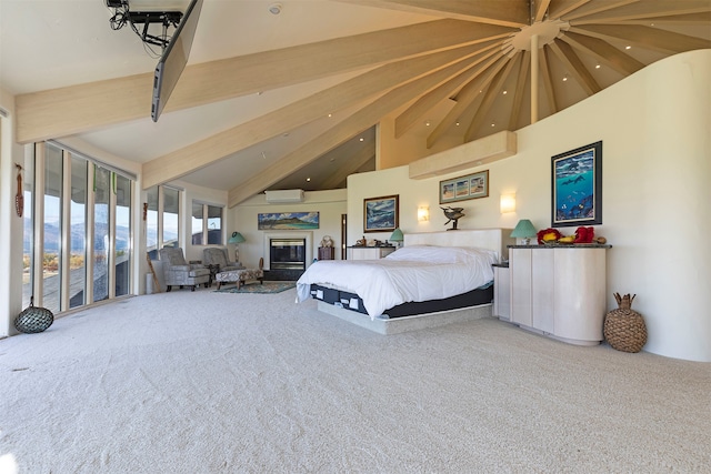 bedroom with beam ceiling, high vaulted ceiling, carpet flooring, and an AC wall unit