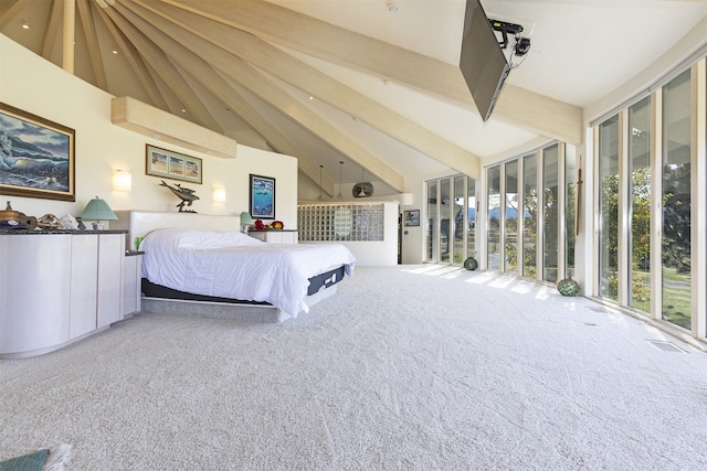 unfurnished bedroom featuring beam ceiling, carpet floors, high vaulted ceiling, and access to outside