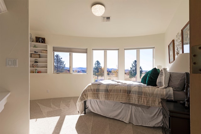 carpeted bedroom with a mountain view and multiple windows