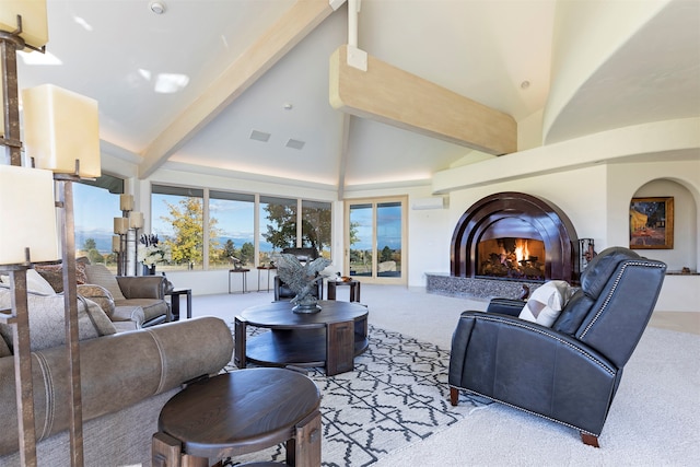 living room featuring beam ceiling, light carpet, a fireplace, and high vaulted ceiling