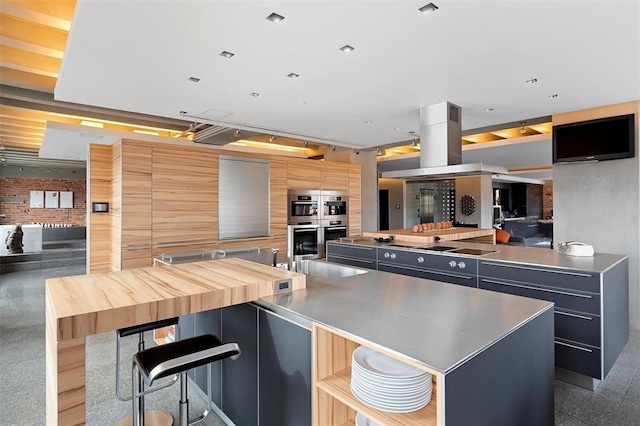 kitchen featuring a kitchen island, stainless steel counters, sink, and island exhaust hood