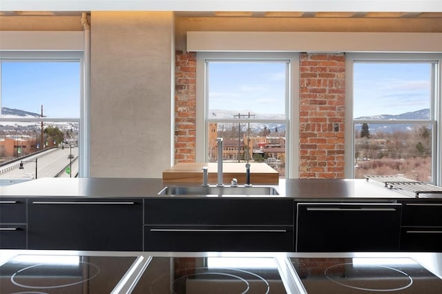 kitchen featuring a mountain view, a wealth of natural light, and sink