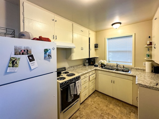 kitchen featuring white cabinetry, light tile floors, light stone countertops, white appliances, and sink