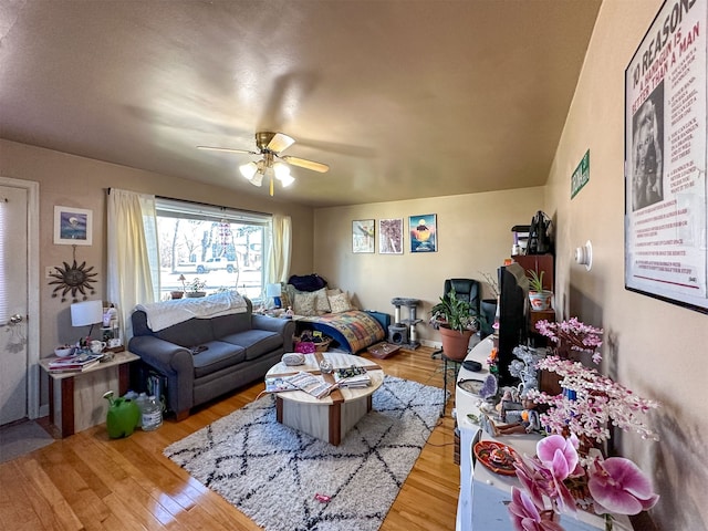 living room with ceiling fan and light wood-type flooring