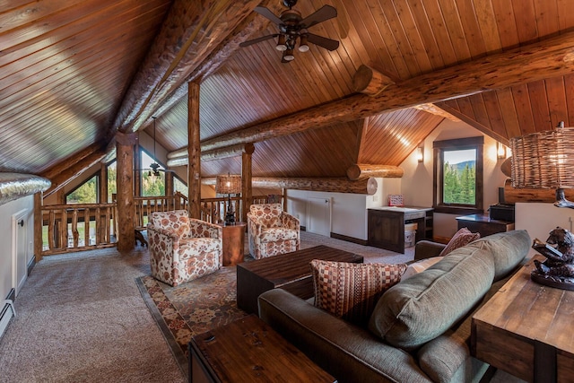 carpeted living room featuring a ceiling fan, wooden ceiling, and vaulted ceiling with beams