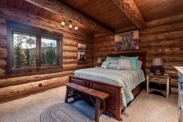 bedroom with beamed ceiling, carpet floors, rustic walls, and wooden ceiling