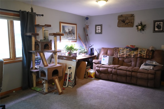 living room with a wealth of natural light and carpet flooring