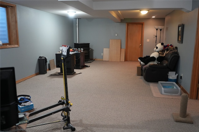 workout room featuring carpet flooring