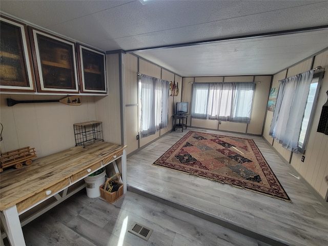 interior space featuring wooden walls and light wood-type flooring