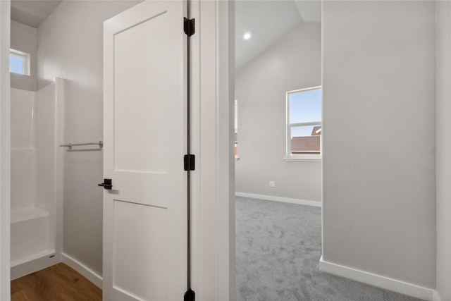 bathroom featuring vaulted ceiling