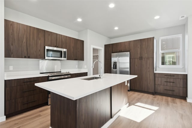 kitchen featuring stainless steel appliances, sink, a kitchen island with sink, and light hardwood / wood-style floors