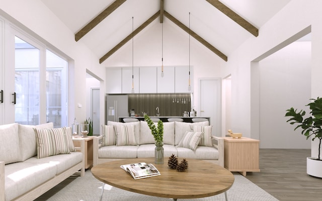 living room with wood-type flooring, sink, beam ceiling, and high vaulted ceiling