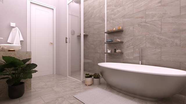 bathroom with tile walls and a bathing tub