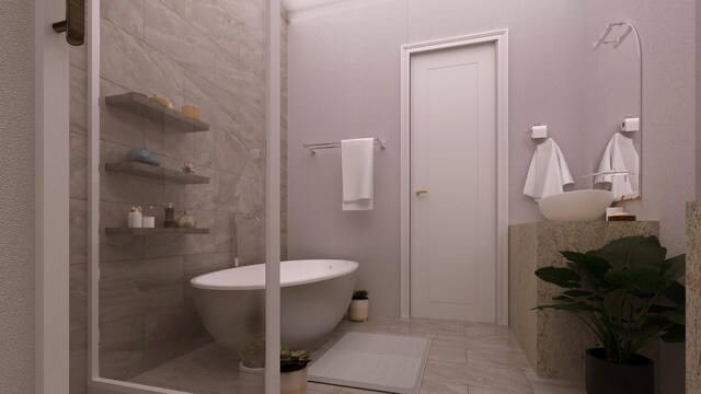 bathroom featuring separate shower and tub