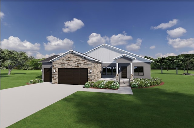 craftsman house featuring a garage and a front lawn