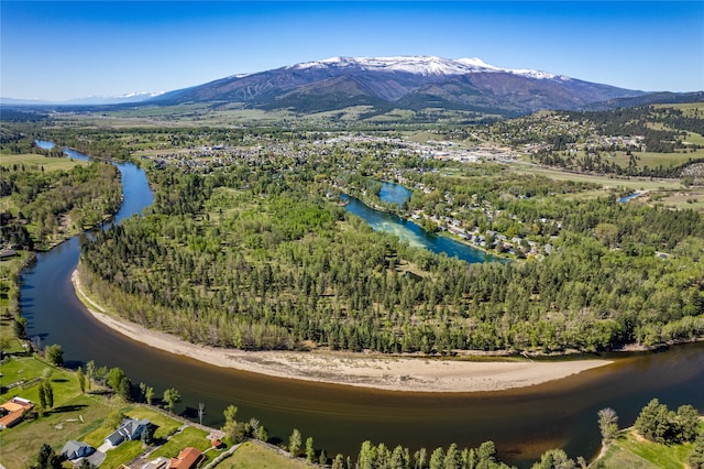 bird's eye view featuring a water and mountain view