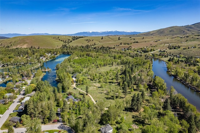 birds eye view of property with a water and mountain view