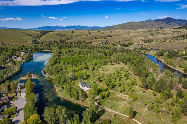 bird's eye view with a water and mountain view