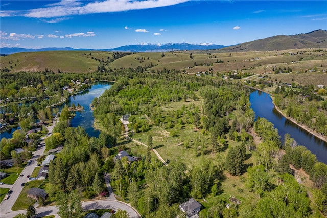 birds eye view of property featuring a water and mountain view