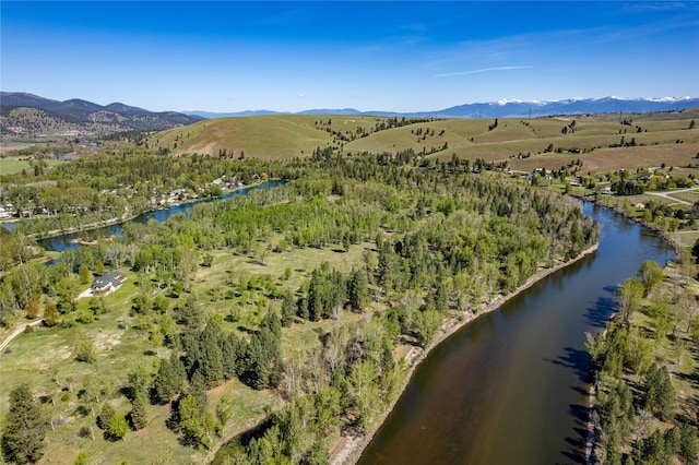 birds eye view of property with a water and mountain view