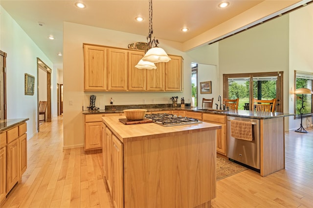 kitchen with stainless steel appliances, butcher block countertops, light hardwood / wood-style floors, a kitchen island, and hanging light fixtures