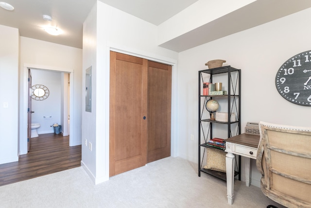 interior space with hardwood / wood-style floors, electric panel, ensuite bath, and a closet