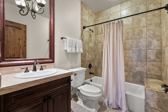 full bathroom with a chandelier, toilet, shower / bathtub combination with curtain, vanity, and tile floors