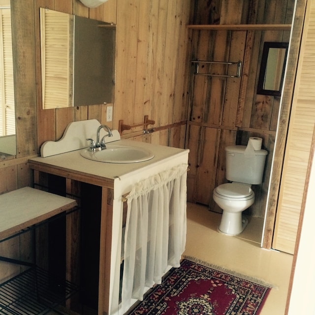 bathroom with vanity, toilet, and wood walls