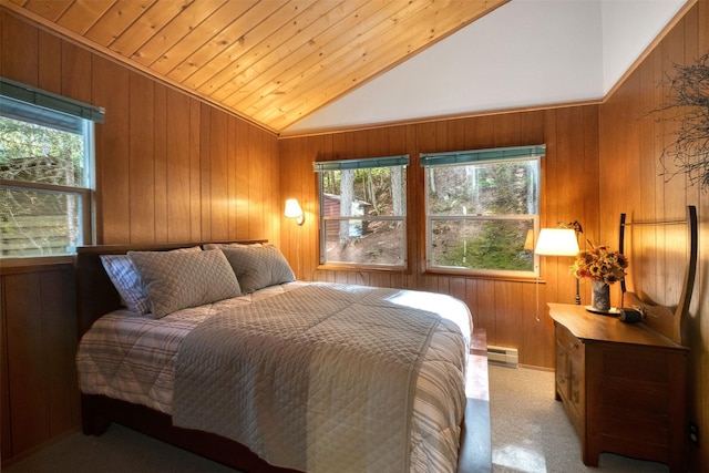 bedroom with light colored carpet, lofted ceiling, multiple windows, and wooden ceiling