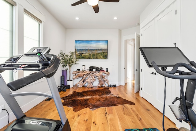 exercise area with light wood-type flooring and ceiling fan