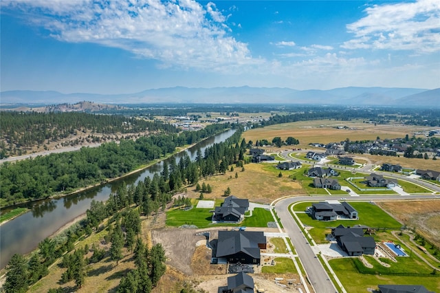 birds eye view of property featuring a water and mountain view